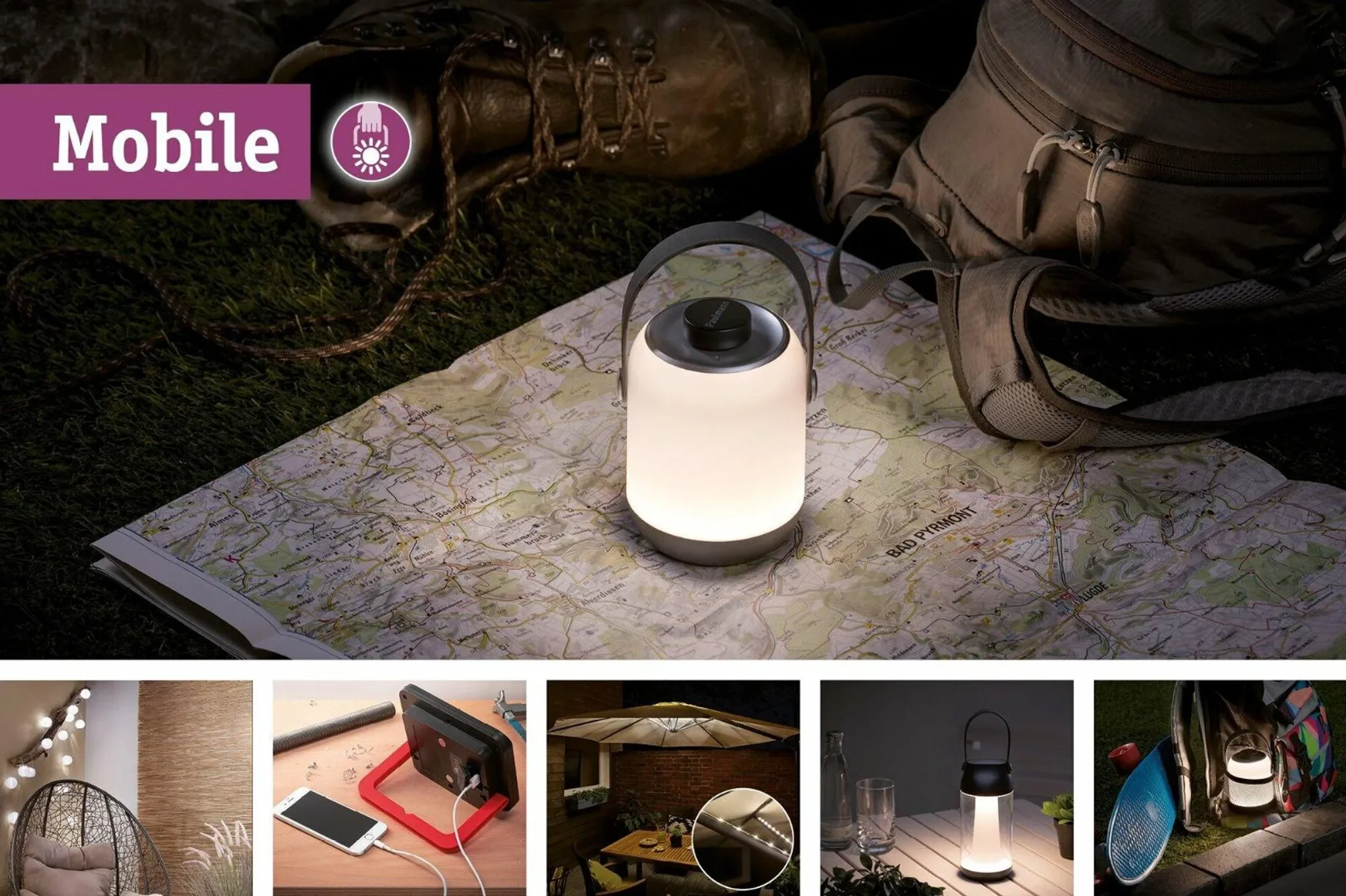 Outdoor Lampion Mobile – Akku-Leuchte für Außenbereich, weiß/anthrazit